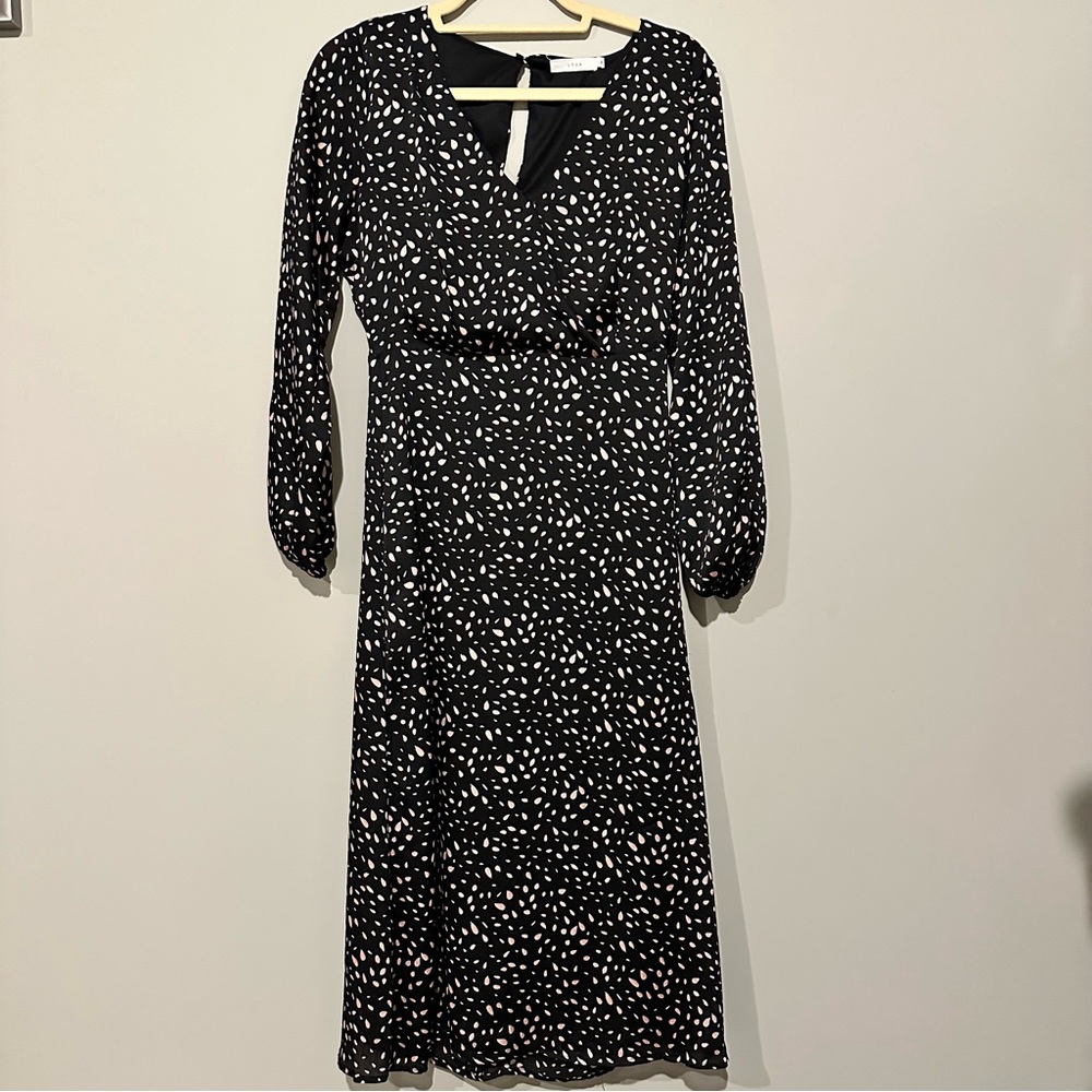 LUSH Black, White & Pink Midi Long Sleeve Wrap Dress - Small